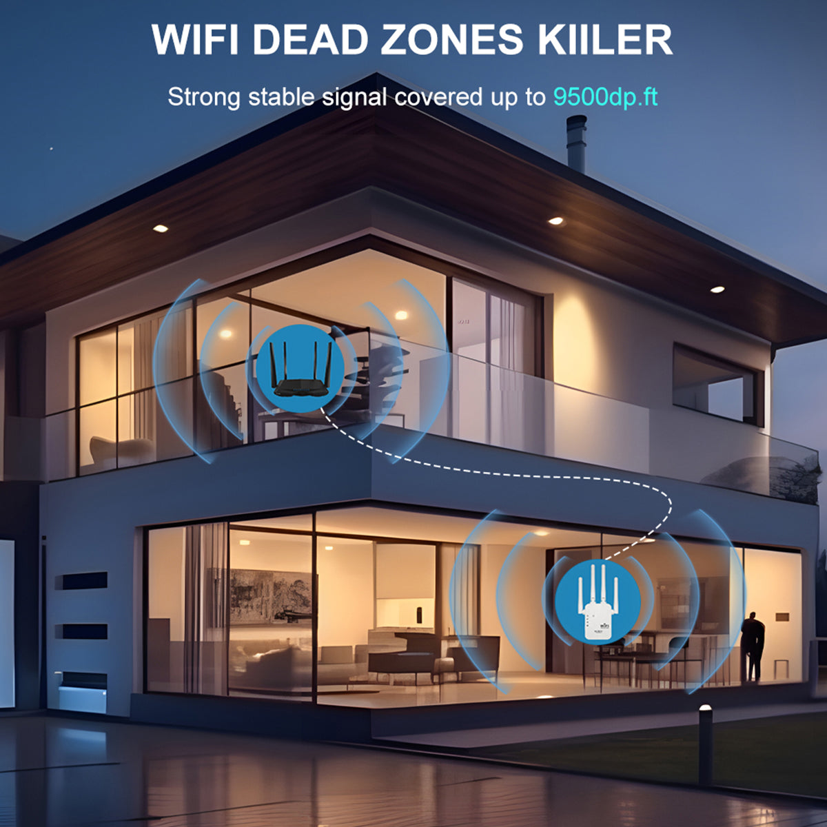 WiFi Extender, WiFi Booster 6X Stronger 1200Mbps WiFi 2.4 & 5Ghz Dual Band (9000 Sq.ft), WiFi Signal Strong Permeability 35 Devices 4 Modes 1-Tap Setting, 4 Antenna 360° Full Coverage, Support Ethernet Port US Plug