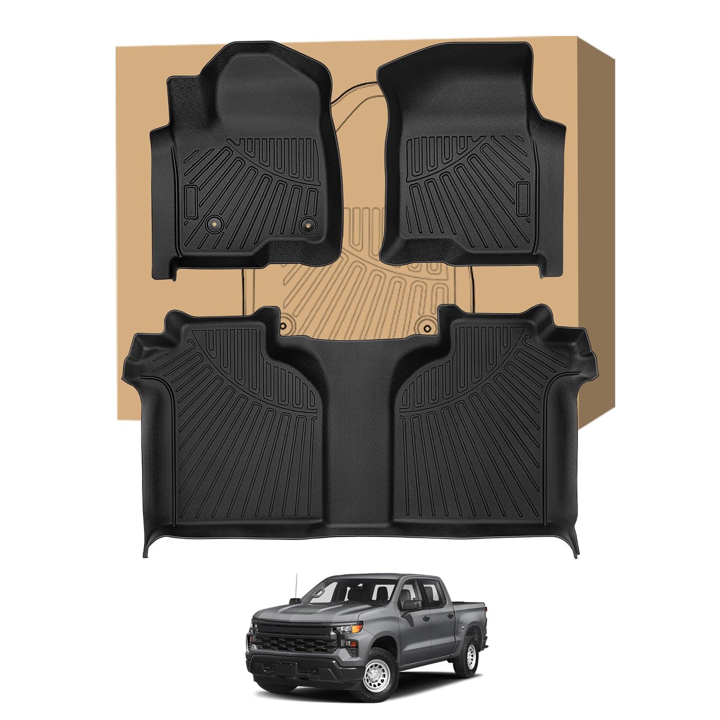 Car Floor Mats for 2019-2024 Chevrolet Silverado 1500/GMC Sierra 1500 2020-2024 Chevy Silverado/GMC Sierra 2500HD/3500HD Crew Cab Laser Cut Custom Fit TPE All Weather Truck Floor Mats Floor Liners